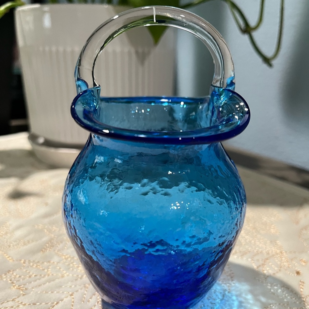 HANDBLOWN Blue GLASS BASKET Small Clear Applied Handle, 
Marking Ruffled Edge